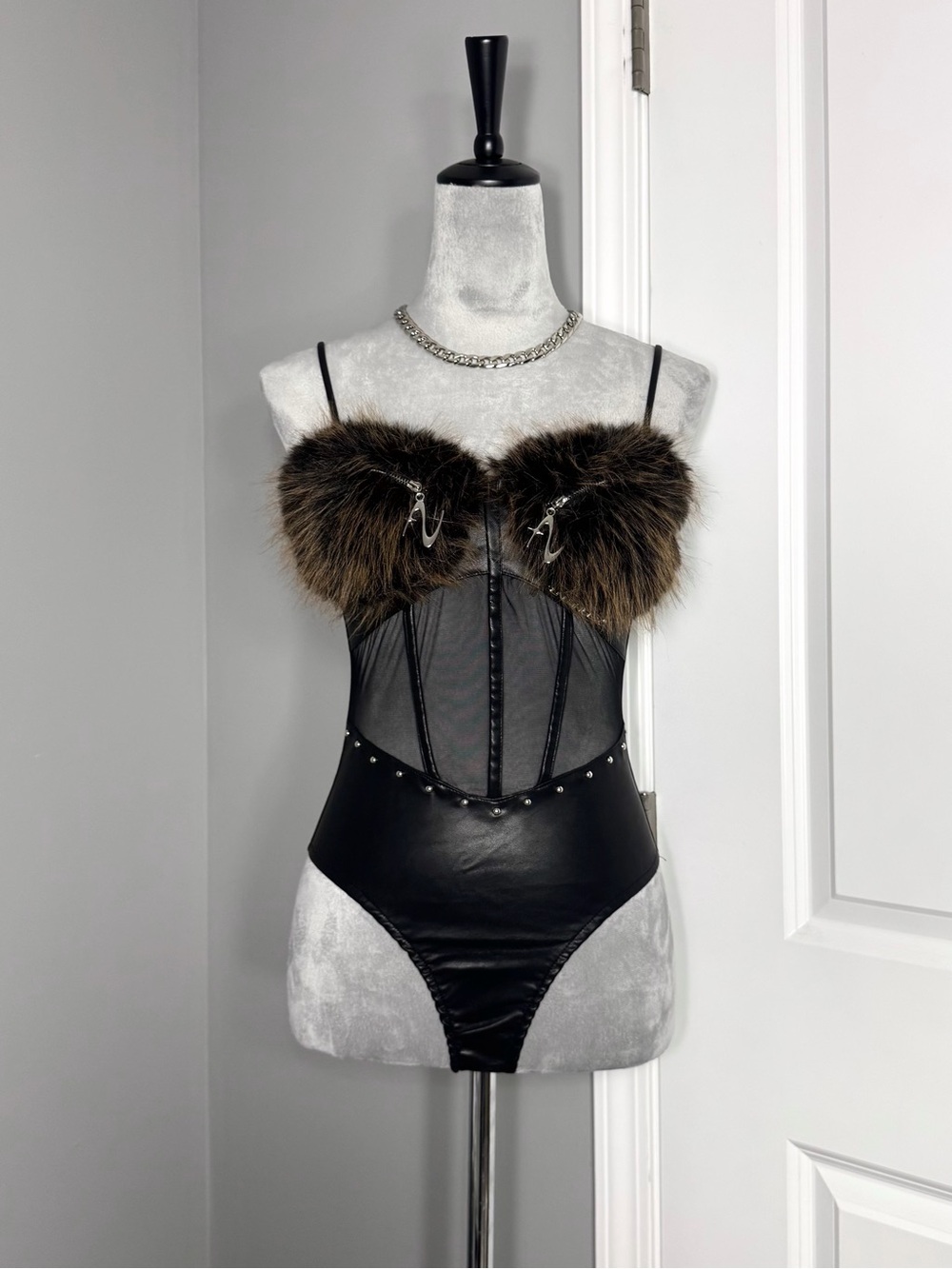 Futuristic Y2K Faux Fur + Leather Mesh Corset Bodysuit with Silver Hardware